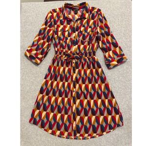 Millenium Women Geometric Print Shirt Dress Multi-Color Smocked Waist Large